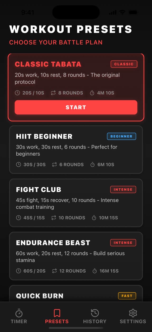 TRounds preset workout list with Tabata, HIIT, boxing, and CrossFit timer options